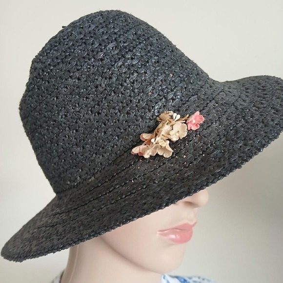 Other Accessories - Vintage 70s 80s Black Straw Sun Bucket Hat Floral Corsage Wide Brim